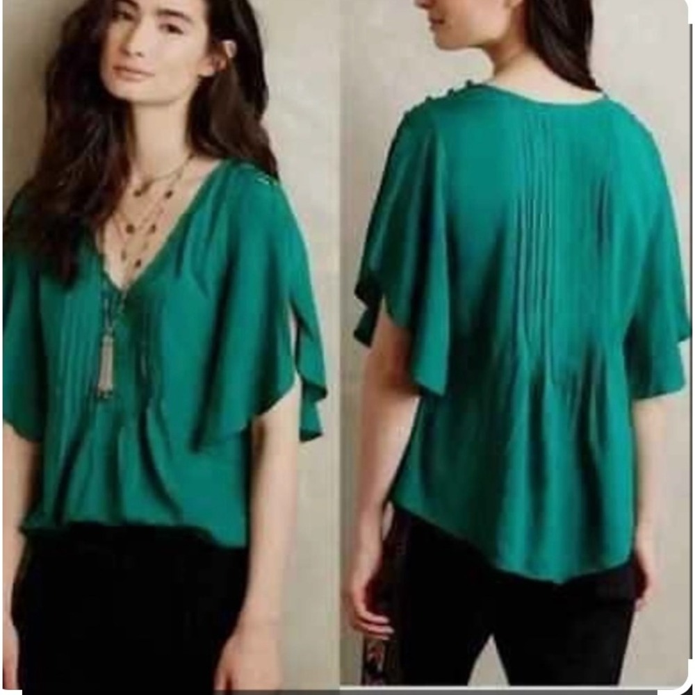 Maeve Anthropologie Maya Pintuck Blouse Emerald Green Size 2